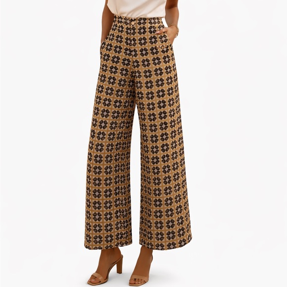 Zara Dresses & Skirts - ZARA Printed Wide Leg Pants Geometric Camel & Black Side Zip Size M Boho
